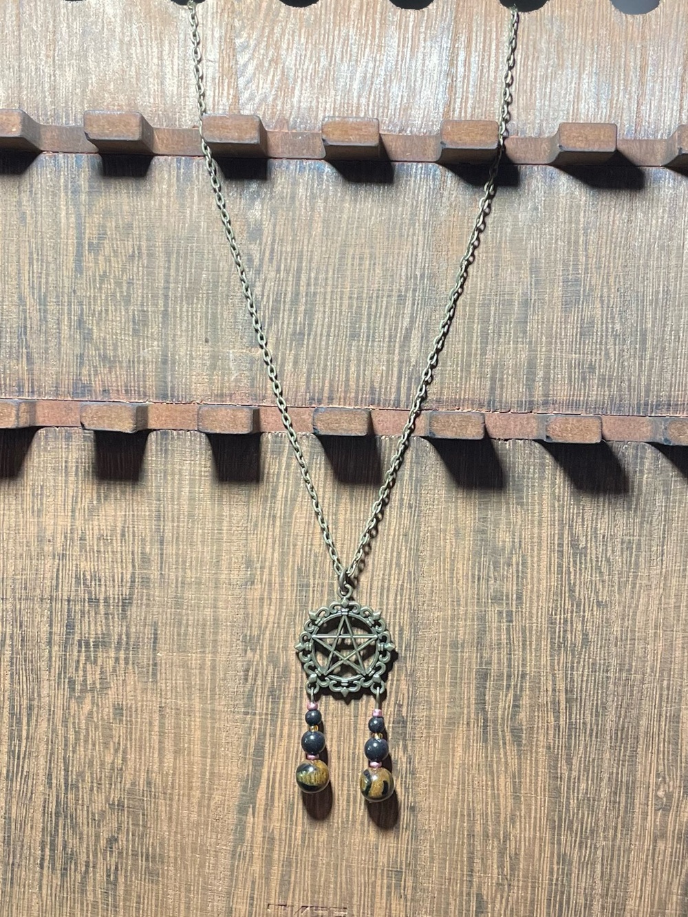 Vintage-Inspired Bronze Pentagram Dreamcatcher Necklace with Brown Beads